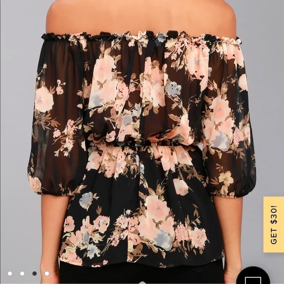 NWT Lulu’s black floral off-the-shoulder sheer peplum top size XS - Picture 2 of 8